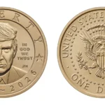 Эскиз золотой монеты с портретом Трампа и надписью In God We Trust