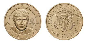 Эскиз золотой монеты с портретом Трампа и надписью In God We Trust