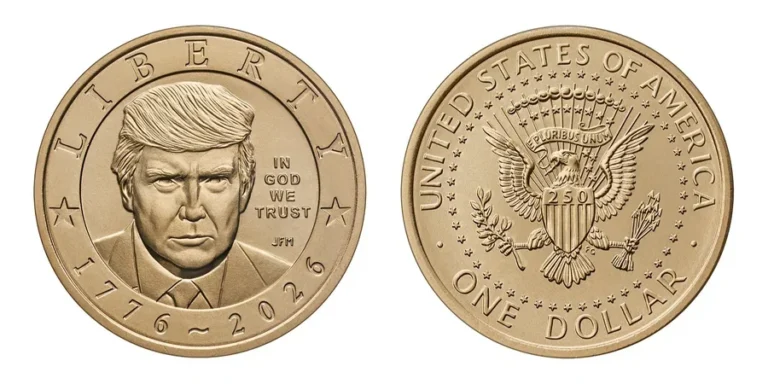 Эскиз золотой монеты с портретом Трампа и надписью In God We Trust