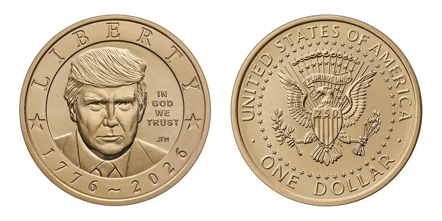 Эскиз золотой монеты с портретом Трампа и надписью In God We Trust