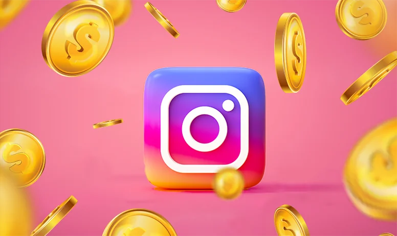 Логотип Instagram з золотими монетами як символ заробітку на рекламі