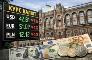 Курси долара та євро НБУ на табло перед будівлею банку