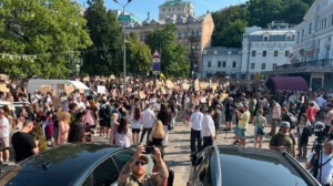 Протестувальники з картонними плакатами проти відставки Федорова в Києві