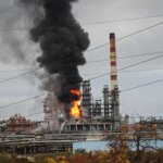 Повреждённый Саратовский НПЗ с огнём и чёрным дымом после атаки дронов