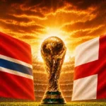 Кубок ЧМ-2026 между флагами Норвегии и Англии на стадионе