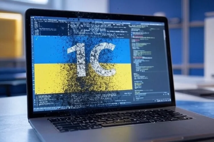 Ноутбук з логотипом 1C на прапорі України, що руйнується